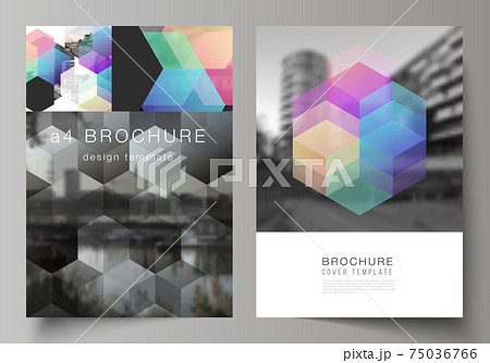 Vector layout of A4 format cover mockups design templates with colorful hexagons, geometric shapes, tech background for brochure, flyer layout, booklet, cover design, book design, brochure cover. 75036766