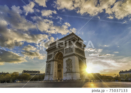 Paris France sunset city skyline at Arc de Triomphe and Champs Elysees 75037133