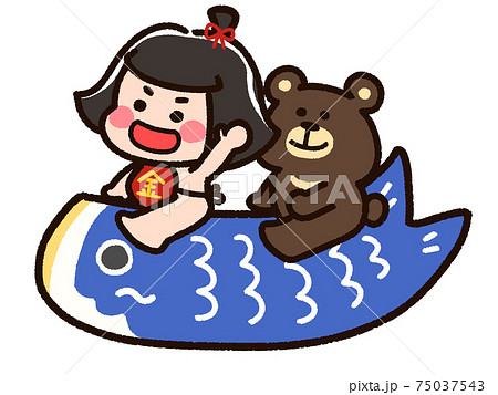 鯉のぼりに乗った金太郎と熊のイラスト素材