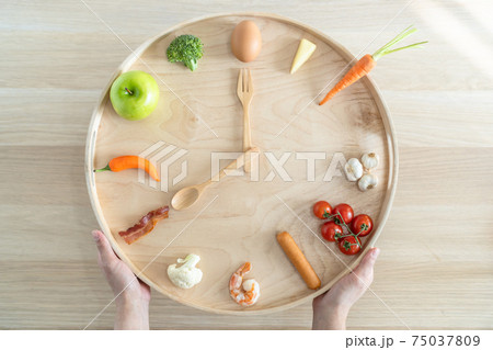 Intermittent fasting diet concept with 8-hour clock timer for eating nutritional or keto low carb, high protien food meal healthy dish and 16-hour skipping meal for weight loss 75037809