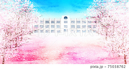 桜 水彩 学校 風景のイラスト素材