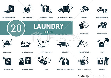 Laundry icon set. Contains editable icons laundry theme such as dry cleaning, furniture cleaning, clothing repair and more. 75039302