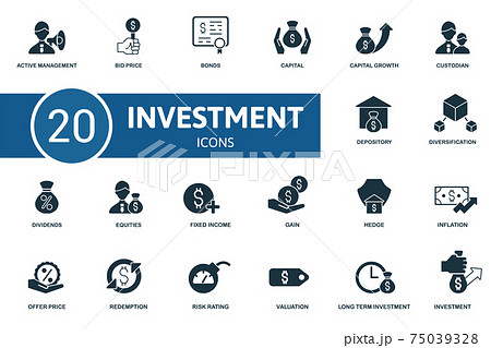 Investment icon set. Contains editable icons investment theme such as bid price, capital, custodian and more. 75039328