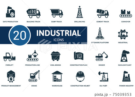 Industrial icon set. Contains editable icons industrial theme such as oil pump, power industry, coal mining and more. Industrial icon set. Contains editable icons industrial theme such as oil pump, power industry, coal mining and more. 75039353