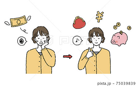 お金に困る女性と貯金ができる女性のイラストセット お金に困る女性と貯金ができる女性のイラストセット 75039839
