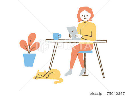 机でタブレットを見ている女性_カラー 75040867
