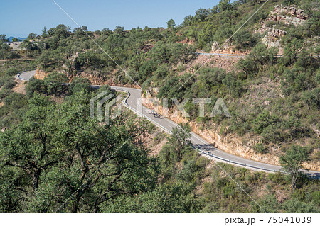 Isolated group of cyclists climbing mountain curved road 75041039