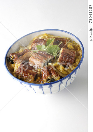 鰻の蒲焼きを卵でとじた熱々うな玉丼を白背景で撮影 鰻の蒲焼きを卵でとじた熱々うな玉丼を白背景で撮影 75041287