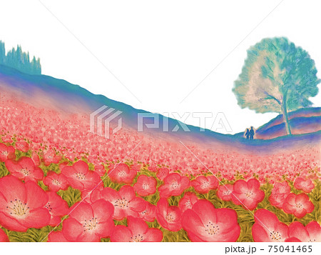 幻想的なお花畑 ネモフィラ 花の色は架空 パステル画 のイラスト素材