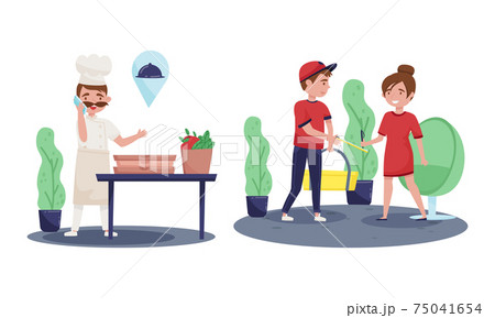 Restaurant Chef Taking Order Over Phone and Man Courier Handing Food Delivery Vector Set 75041654