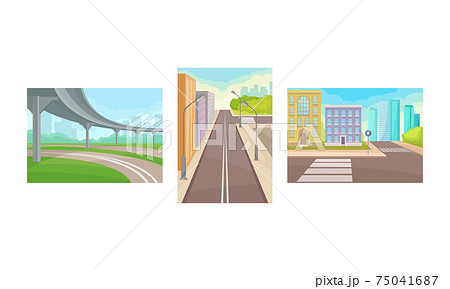 Urban View with Pedestrian Crossing and Traffic Road with Line Marking Vector Set 75041687
