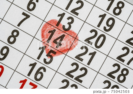 Calendar with the date of February 14 with red heart mark Calendar with the date of February 14 with red heart mark 75042503