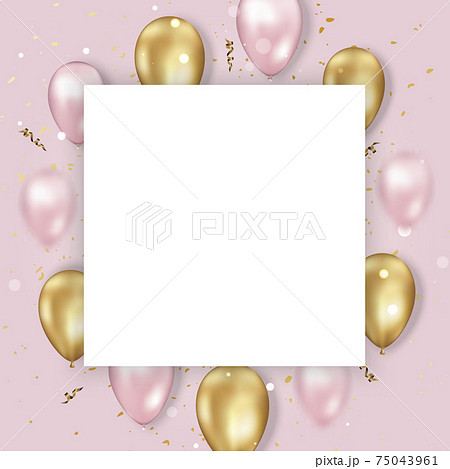 Colorful balloons fly with helium. Background with festive realistic 3d balloons with ribbon and gold glitter confetti. Birthday template. 75043961