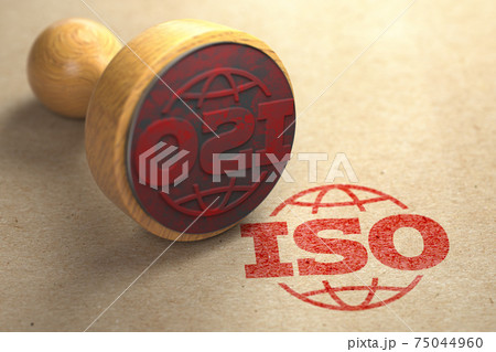 ISO 9001 certified concept. Rubber stamp with the text ISO 9001 on craft paper background. Quality control. 75044960