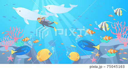 海でスキューバダイビンクをして熱帯魚に見守られながらイルカと一緒に泳いでいる女性のベクターイラスト背 75045163