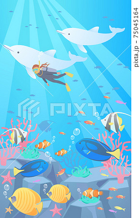 海でスキューバダイビンクをして熱帯魚に見守られながらイルカと一緒に泳いでいる女性のベクターイラスト背のイラスト素材