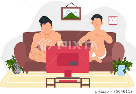 Men watching television in living room. Guys in underwear on couch near TV spending time after sauna 75046118