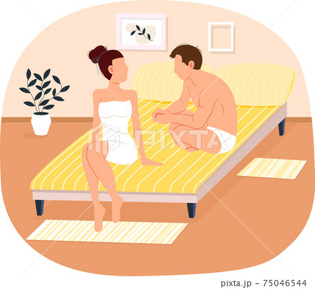 Couple getting ready for sleeping. Cartoon characters resting and spending time together in bedroom Couple getting ready for sleeping. Cartoon characters resting and spending time together in bedroom 75046544