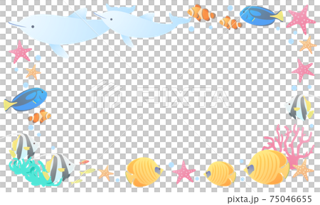 夏のイルカや熱帯魚のマリンなベクターイラストフレーム(メッセージカード、コピースペース) 75046655