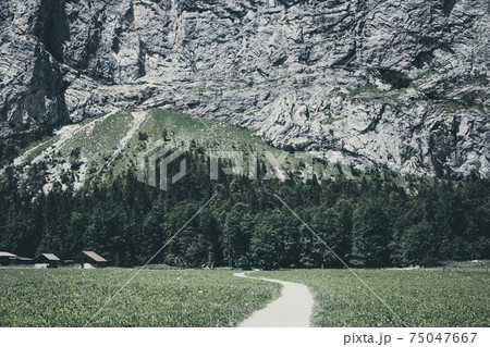View valley of waterfalls in city Lauterbrunnen, Switzerland, Europe View valley of waterfalls in city Lauterbrunnen, Switzerland, Europe 75047667