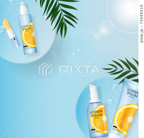 3D Realistic Vitamin C Sunscreens Cream Bottle Background with palm leaves, podium and orange. Design Template of Fashion Cosmetics Product. Vector Illustration 75049310