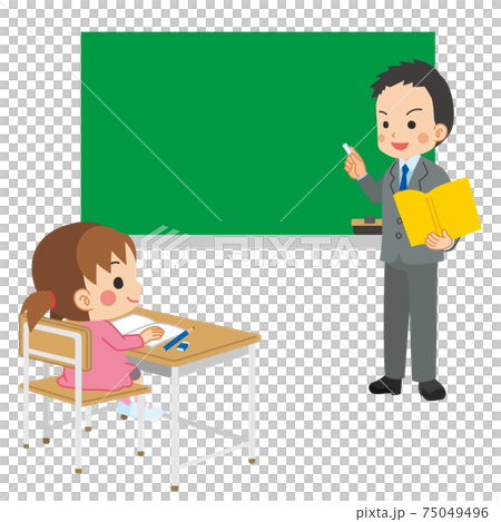 教室で先生の授業を受けている可愛い小学生の女の子のイラストのイラスト素材