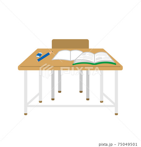 学校の机と椅子 筆記用具 正面 イラスト シンプル 白背景のイラスト素材
