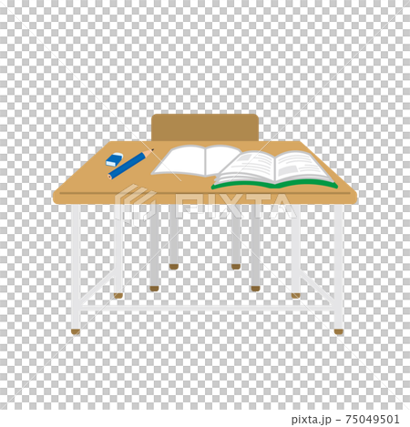 学校の机と椅子 筆記用具 正面 イラスト シンプル 白背景のイラスト素材