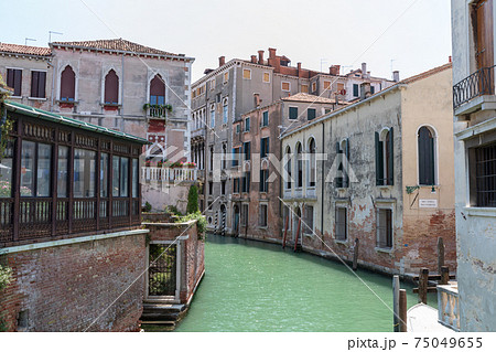 Panoramic view of Venice narrow canal with historical buildings and boat 75049655