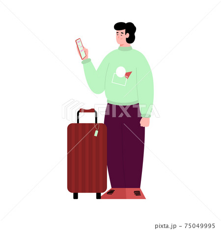 Traveler with suitcase holding phone, cartoon vector illustration isolated. Traveler with suitcase holding phone, cartoon vector illustration isolated. 75049995
