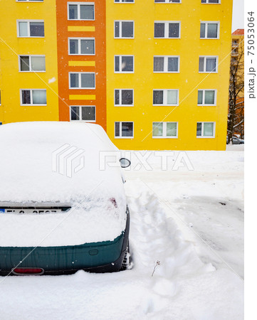 Street blocked by cover of fresh snow since night big snowstorm. Street blocked by cover of fresh snow since night big snowstorm. 75053064