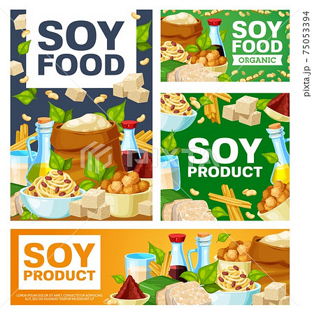 Soy food meals, soybean products vector banner 75053394
