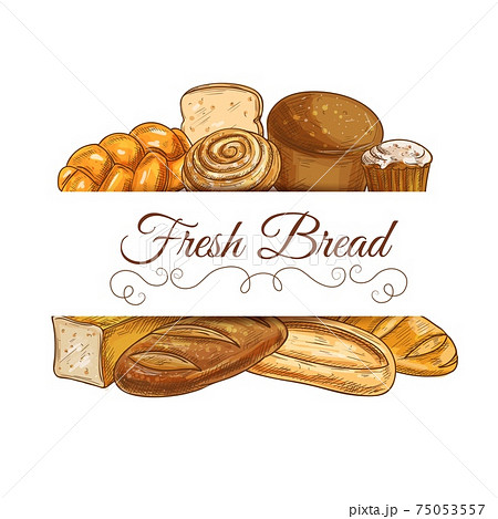 Fresh bread and pastry vector sketch frame, banner Fresh bread and pastry vector sketch frame, banner 75053557