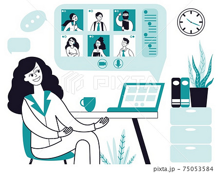 Online conference. Home office, video work call or webinar. Internet business, remote chat communication or education decent vector concept 75053584