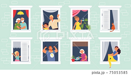 People in windows. Home open window, old person looking out from house. Apartment community, self safety time or lockdown decent vector concept 75053585