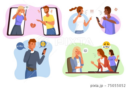 Aggressive messages. Online bullying scenes, angry people network fight and cyberbullying, phone remote pressure and threats. Abuse conversation and conflict in social network vector concept Aggressive messages. Online bullying scenes, angry people network fight and cyberbullying, phone remote pressure and threats. Abuse conversation and conflict in social network vector concept 75055052