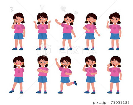 Girl emotions set. Emotional kid character in different poses, feelings expression, mood options, body language, happy and unhappy. Vector flat cartoon children character collection Girl emotions set. Emotional kid character in different poses, feelings expression, mood options, body language, happy and unhappy. Vector flat cartoon children character collection 75055182