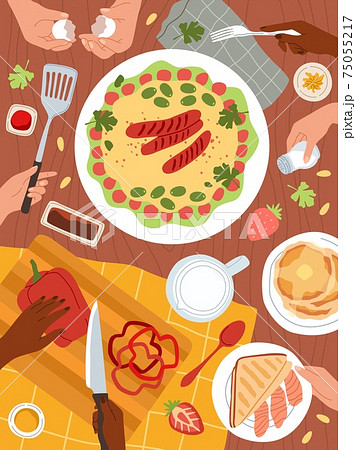 Cooking food. Dishes preparations, restaurant ingredients, hands with kitchen utensils and cutlery, slicing vegetables, healthy meal menu. Table top view full of plates vector illustration 75055217