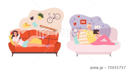 Boy girl use smartphones. Online shopping, social media surfing. People with phones, mobile marketing and addiction vector characters Boy girl use smartphones. Online shopping, social media surfing. People with phones, mobile marketing and addiction vector characters 75055757