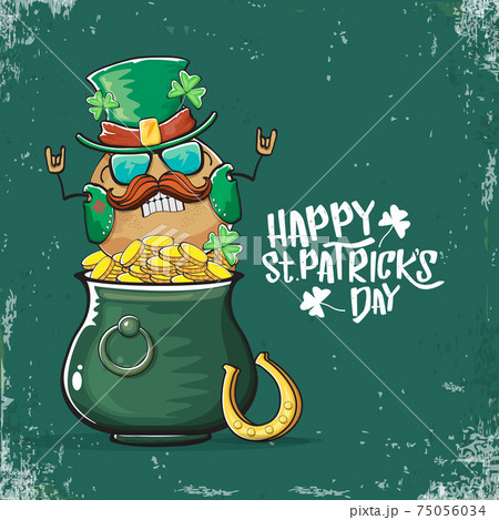 Happy Saint Patricks day greeting card with funky leprechaun potato character with green particks hat and Pot Full of Golden Coins on green background. Rock n roll patricks day funky character Happy Saint Patricks day greeting card with funky leprechaun potato character with green particks hat and Pot Full of Golden Coins on green background. Rock n roll patricks day funky character 75056034