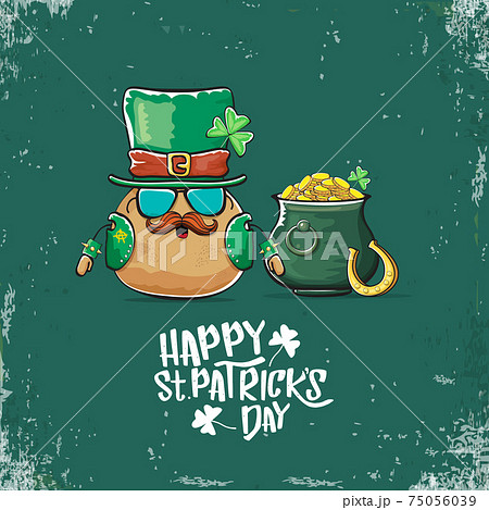 Happy Saint Patricks day greeting card with funky leprechaun potato character with green particks hat and Pot Full of Golden Coins on green background. Rock n roll patricks day funky character 75056039