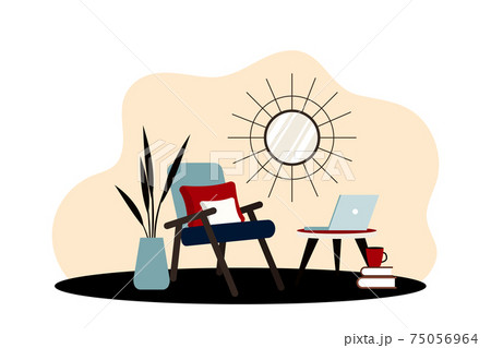 Stylish apartment interiors in Scandinavian style with modern decor. Cozy furnished living room. Cartoon flat vector illustration. Bright, stylish and comfortable furniture with indoor plants. Stylish apartment interiors in Scandinavian style with modern decor. Cozy furnished living room. Cartoon flat vector illustration. Bright, stylish and comfortable furniture with indoor plants. 75056964