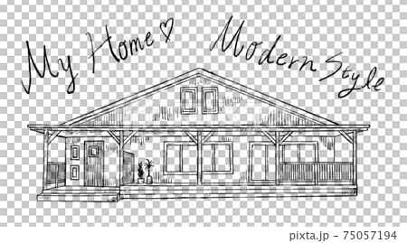 モダンスタイルの家の白黒手書きイラストイメージ 75057194