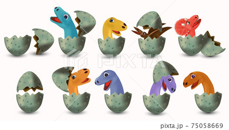 Collection Dinosaurs hatching from an egg. Dinosaurs Tyrannosaurus, Brachiosaurus, Pterodactyl, Triceratops, Stegosaurus. Vector illustration Collection Dinosaurs hatching from an egg. Dinosaurs Tyrannosaurus, Brachiosaurus, Pterodactyl, Triceratops, Stegosaurus. Vector illustration 75058669