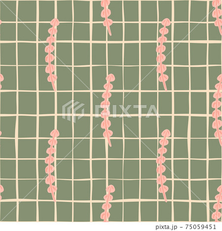 Creative seamless sea flora pattern with pink simple seaweed ornament. Grey chequered background. Creative seamless sea flora pattern with pink simple seaweed ornament. Grey chequered background. 75059451