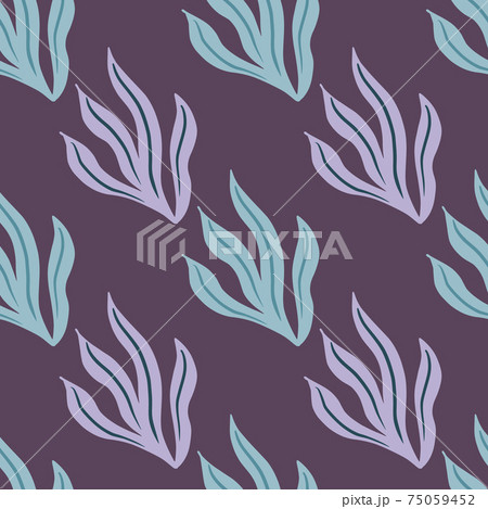 Abstract lilac and blue vintage leaves doodle seamless pattern. Tropical shapes on purple pale background. 75059452