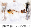 Complete bone of whole fish on plate, illustration 75059468
