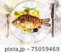 Fried fish on white plate with fork and knife 75059469