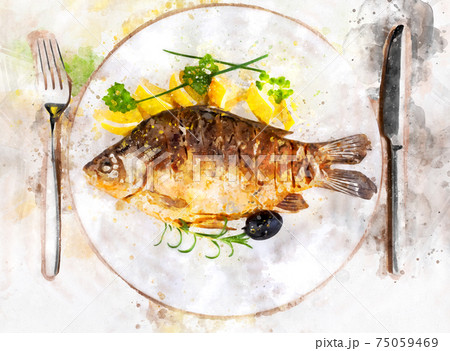 Fried fish on white plate with fork and knife 75059469