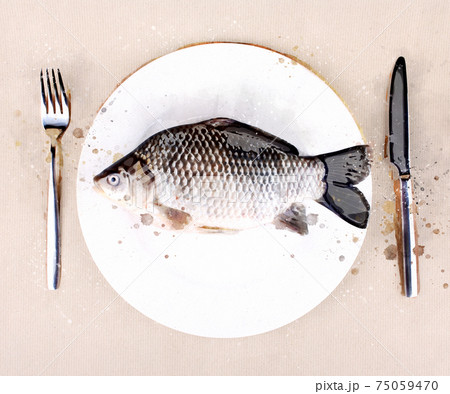 Fresh fish carp on white plate as illustration 75059470